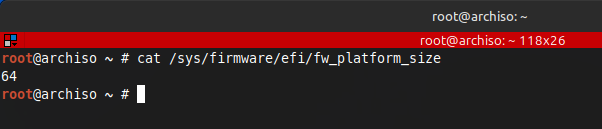 image showing 64 in the terminal output of cat /sys/firmware/efi/fw_platform_size command