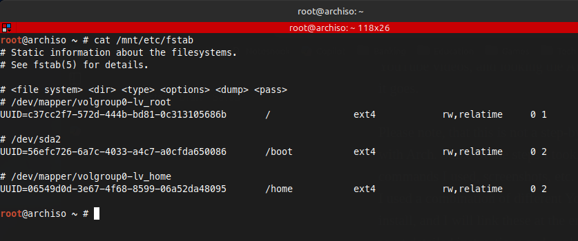 results of cat /mnt/etc/fstab displayed in a terminal window