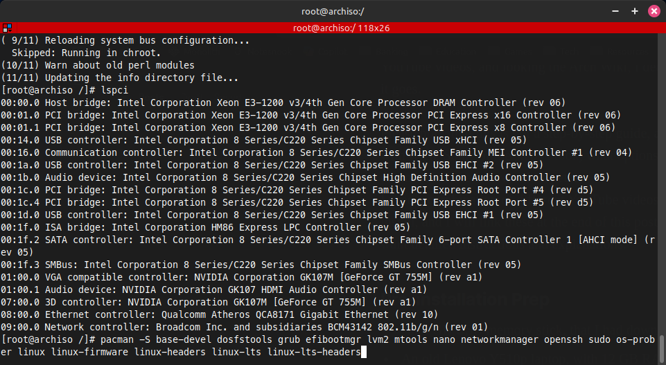 terminal output displaying the devices from the lspci command